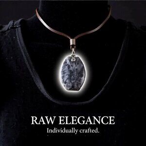 Minimalist Larvikite Pendant on Rawhide Leather Cord - Unisex - Black & Grey